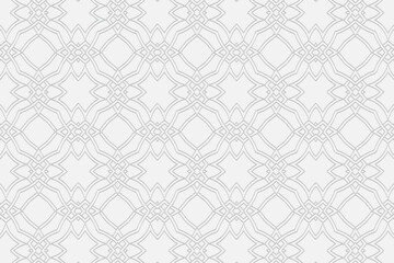 3d volumetric convex geometric white background. Eastern Islamic, Moroccan style. Ornament with ethnic relief pattern with figures, lines. Wallpaper for presentations, textiles, stained glass.