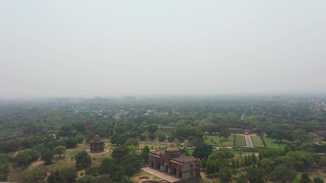 An aerial shot of the Delhi Old fort or Purana Qila during the COVID-19 pandemic in New Delhi, India
