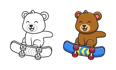 Obraz na płótnie Canvas Cute bear playing skateboard cartoon coloring pages for kids