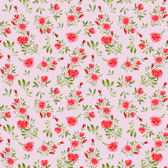 Watercolor seamless pattern with rose flowers on a pink background. Pattern with flowers and sprigs of roses. Design for textiles, scrapbooking, wrapping paper. Rose branch.