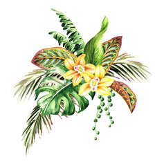 Leaves and flowers of exotic tropical or jungle plants . Watercolor hand drawn illustration, isolated on white background