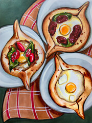 Marker illustration top table set of georgian breads khacapuri
