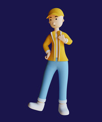Portrait of a male character in a yellow hat and holding a yellow coat, white shirt, a casual young man. Minimal art style. 3d rendering with navy background.