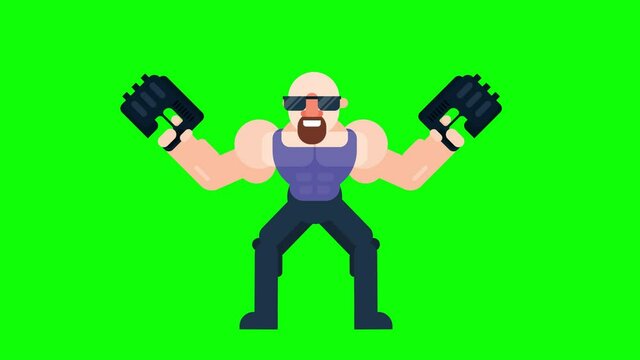 Animated gangster celebrating and firing in air. Flat design cartoon video clip with green background.