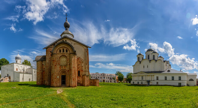 View of the temples of the Yaroslav's Court in Veliky Novgorod.