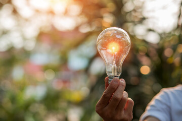 hand holding light bulb against nature, icons energy sources for renewable,