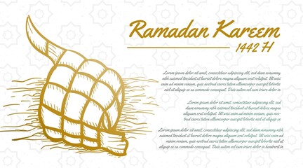 Hand drawn Sketch of Ramadan Concept with Ramadan Calligraphy text, 'Ketupat' or diamond food. Banner or Greeting Card
