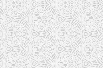 3d volumetric convex geometric white background. Eastern Islamic, Moroccan style. Ornament with ethnic relief pattern. Minimalistic exotic wallpapers for presentations, coloring.