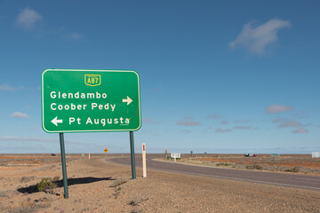 Australian road sign on Sturt Higway neat Marla South Australia with directions to Port Augusta, Glendambo and Coober Pedy