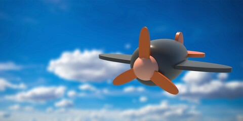 Naklejka na ściany i meble Flight airplane wooden kids toy on blue sky background. 3d illustration