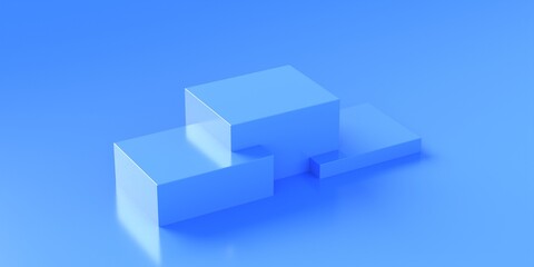 Display platforms set empty, blue blocks on blue color background. 3d illustration