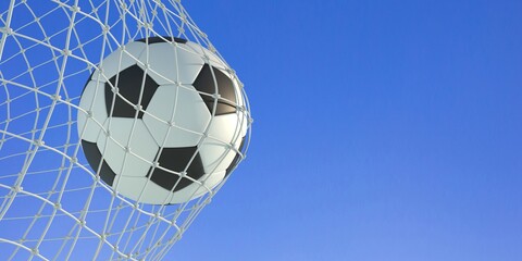 Soccer football. Soccer ball  in goal net on blue background. 3d illustration