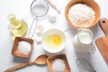 Frame of food ingredients for baking on a white background. Flour, eggs, sugar and milk in white and wooden bowls . Cooking and baking concept.