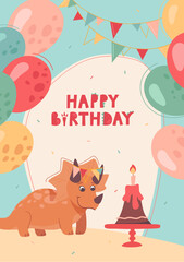 Baby birthday card. Cute baby Triceratops blows out the candle on his volcano cake. Dino smiles, celebration, fun, gifts and oatmeal. Funny vector greeting card for kids.