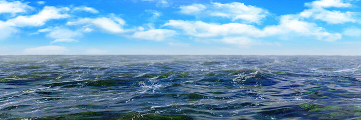 Ocean natural background, horizontal panorama with blue sky and cumulus clouds, with calm water, 3D render illustration.