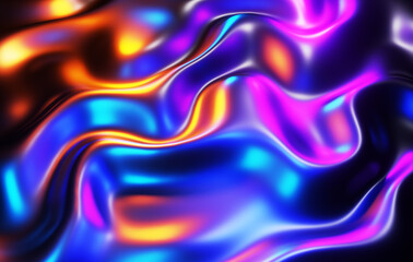 Abstract background, liquid metal waves with neon colors, interesting texture 3D Render illustration.