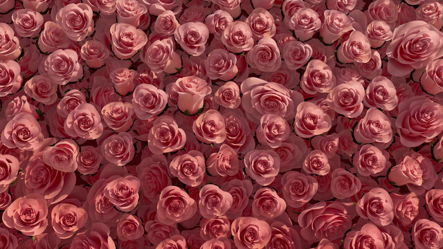 Elegant, Beautiful Wall background with Roses. Colorful, Floral Wallpaper with Vibrant, Red flowers. 3D Render