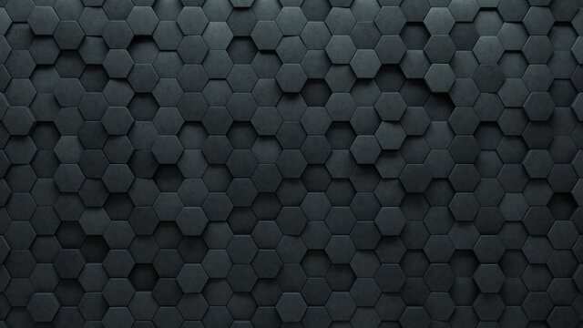 Hexagonal Tiles arranged to create a Futuristic wall. Semigloss, 3D Background formed from Concrete blocks. 3D Render
