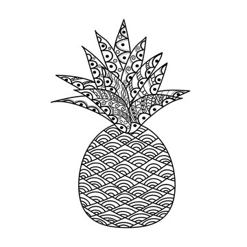 Vector coloring book for meditation and relax.Fruits.Black and white image on a white background of isolated elements.Delicious pineapple