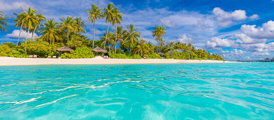 Beautiful tropical banner, ocean lagoon palm tree. White sand, sea view horizon vibrant colors...