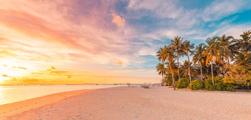 Fototapeten Insel-Palmen-Meer-Sandstrand. Panoramische Strandlandschaft. Inspirieren Sie den Horizont der tropischen Strandlandschaft. Orange und goldener Sonnenuntergang Himmel Ruhe ruhige entspannende Sommerstimmung. Urlaubsreisen Urlaubsbanner © icemanphotos