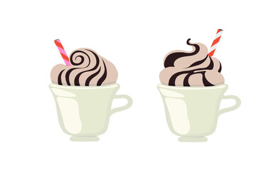 Cup with a straw. Ice cream, milkshake. Juice, cocktail, smoothie. Chocolate. Outline vector illustration on a white background.