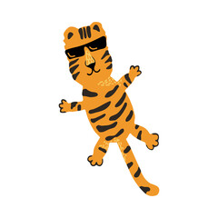 Cute vector graphic little tiger. Chinese 2022 year symbol. Year of tiger. Cartoon mascot. Smiling adorable character. Orange illustration of wild exotic animal isolated on white background.