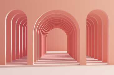 Futuristic modern interior with arch rhythm in pink color tone. 3d illustration - obrazy, fototapety, plakaty