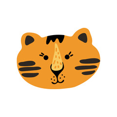 Cute vector graphic little tiger. Chinese 2022 year symbol. Year of tiger. Cartoon mascot. Smiling adorable character. Orange illustration of wild exotic animal isolated on white background.