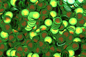 St. Patrick's Day. Treasure, lot of green coins with shamrock symbol. 3d Illustration. © simone_n