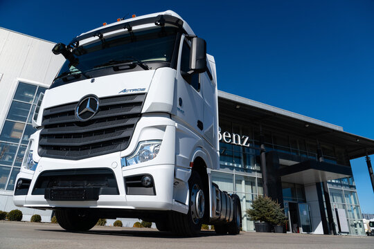 Moscow, Russia - May, 2021: New truck Mercedes-Benz Actros in front of the dealership.