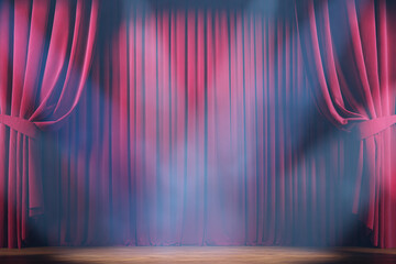 Volume lights and smoke on the theater stage with red velvet curtains. 3d illustration