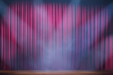 Volume lights and smoke on the theater stage with red velvet curtains. 3d illustration