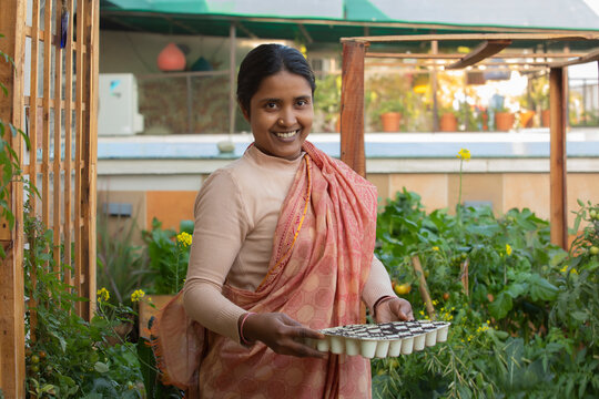 A woman holding seedling tray in her kitchen garden	