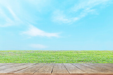 wooden table and blue sky