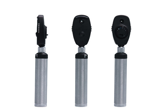 Views medical instruments ophthalmoscope  front back and side view on white background.with clipping path