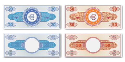 A set of paper fictional EU money. Obverse and reverse of banknotes or certificates in denominations of 20 and 50 euros