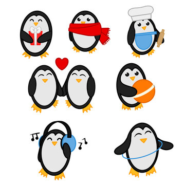 Collection of clip art cute penguins. Set of illustrations of penguins isolation on white background. A penguin with a gift in a red scarf with a hula hoop penguin is listening to music. Vector