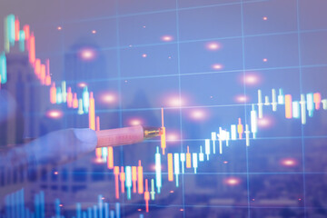 Stock market exchange on photo blurred of cityscape background, Business trading and technology concept