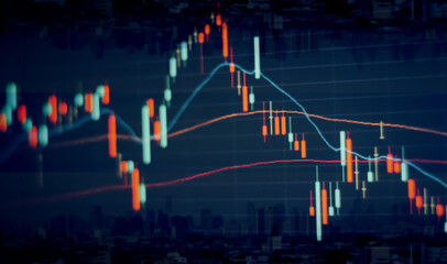 Double exposure of graph Stock market exchange on blurred photo of city scenery background,...