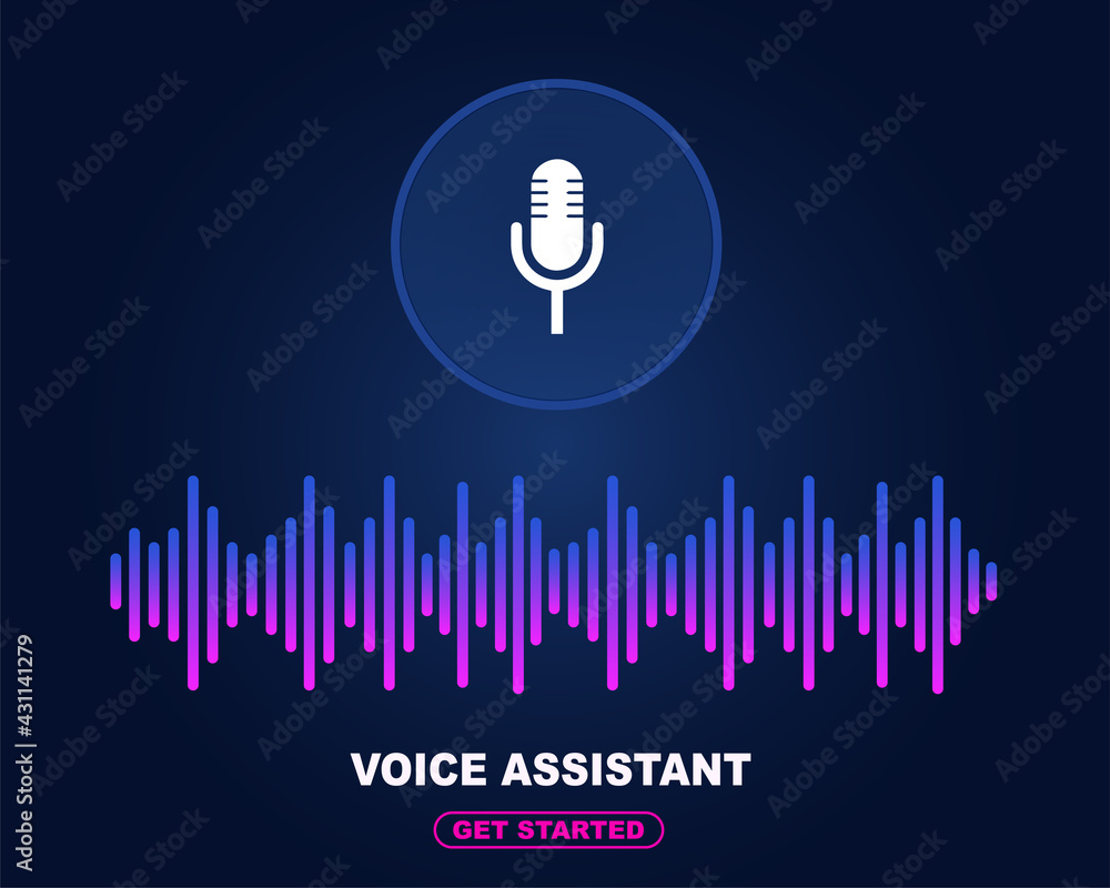 Poster voice assistant concept. vector sound wave. microphone voice control technology, voice and sound rec