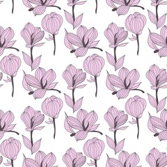Magnolia Flowers Seamless Pattern. Black and white line illustration of magnolia flowers on white background. Botanical vector sketch line floral art.