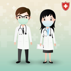 Doctor cartoon characters wearing medical mask on a hospital symbol background. Medical people profession doctor team concept in hospital. Vector illustration in flat style.