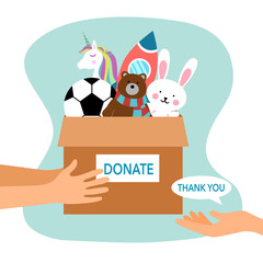 Sharing toy to children. Toy donation concept. Hand holding box full of dolls and toy in flat design vector illustration. Time for charity.