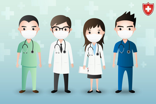 Set of doctor cartoon characters wearing medical mask on a hospital symbol background. Medical people profession doctor team concept in hospital. Vector illustration in flat style.