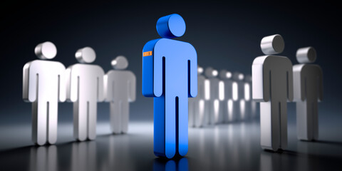 Vaccinated blue man icon with band aid between silver man group - 3d illustration	