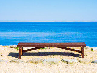 Obraz premium Beautiful Landscape of Sea or Ocean with A Bench, Shodo Island in Kagawa Prefecture in Japan, Natural or Travel Image, Nobody