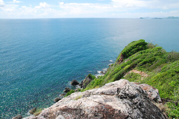 Nature view of seascape clearly blue sea and Limestone hill on the sea summer season at koh kham beach chonburi thailand 