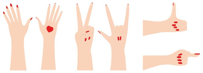 Human hand and funny gesture. Set of different gestures Cartoon vector illustration. Isolated on white background