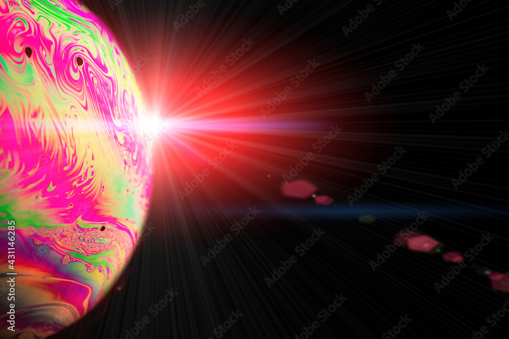 Wall mural abstract background planet. globe planet earth in galaxy universe space with sun on black background